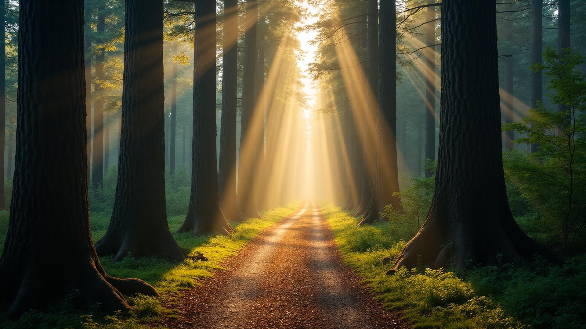 Swedish forest background with sunlight through trees